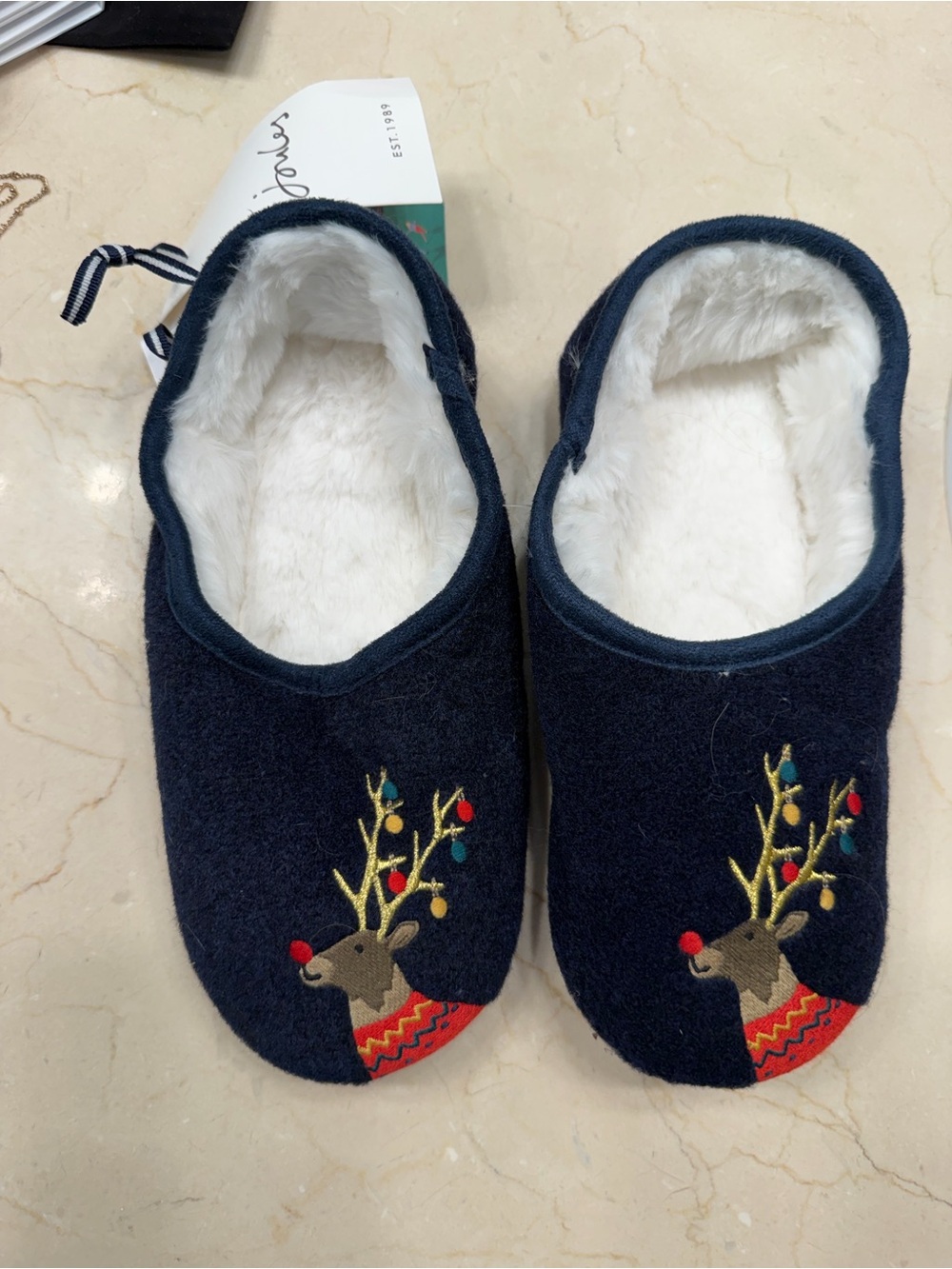 Joules Navy Kids Reindeer Slip-On Slippers Size 4-5 NWT